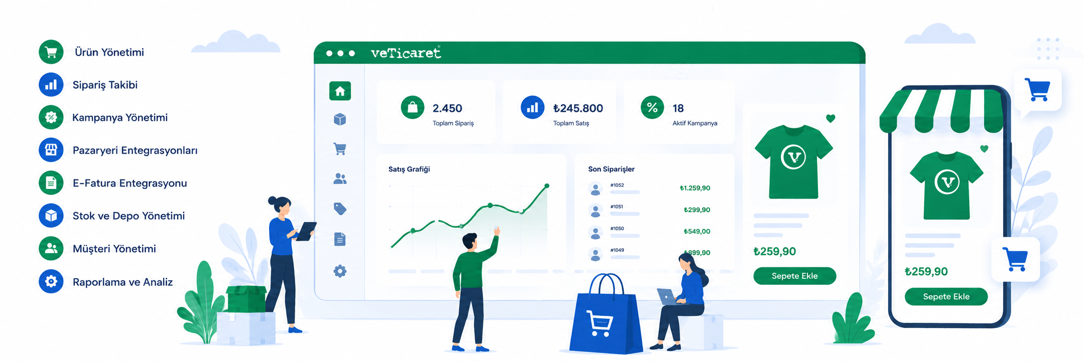 veTicaret mağaza, sipariş, B2B ve entegrasyon özellikleri